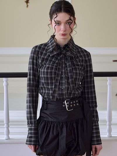Rosefrantz Check Shirring Tie Cotton Shirt [Black]