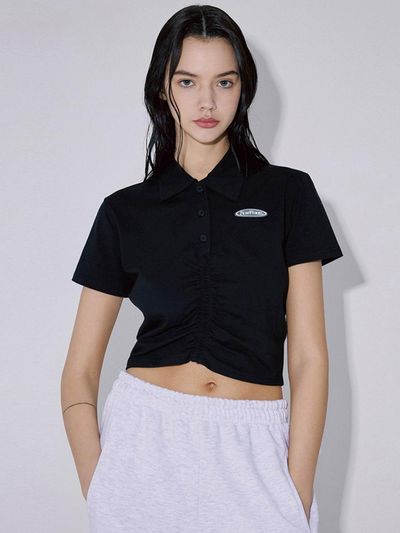Rosefrantz Collar Shirring Cropped Cotton T-shirt [Black]