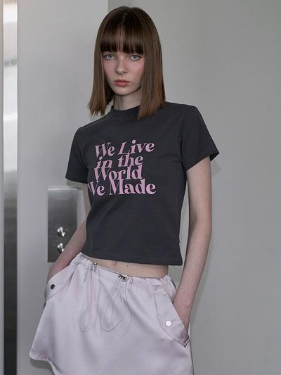 Rosefrantz Cotton Spandex Floral Lettering T-shirt [Charcoal]