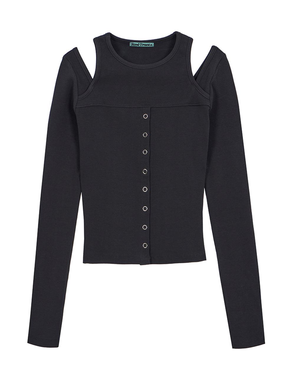 Rosefrantz Cut Off Eyelet Cotton Blend Long Sleeve Top [Charcoal]
