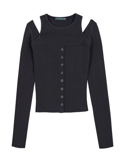 Rosefrantz Cut Off Eyelet Cotton Blend Long Sleeve Top [Charcoal]