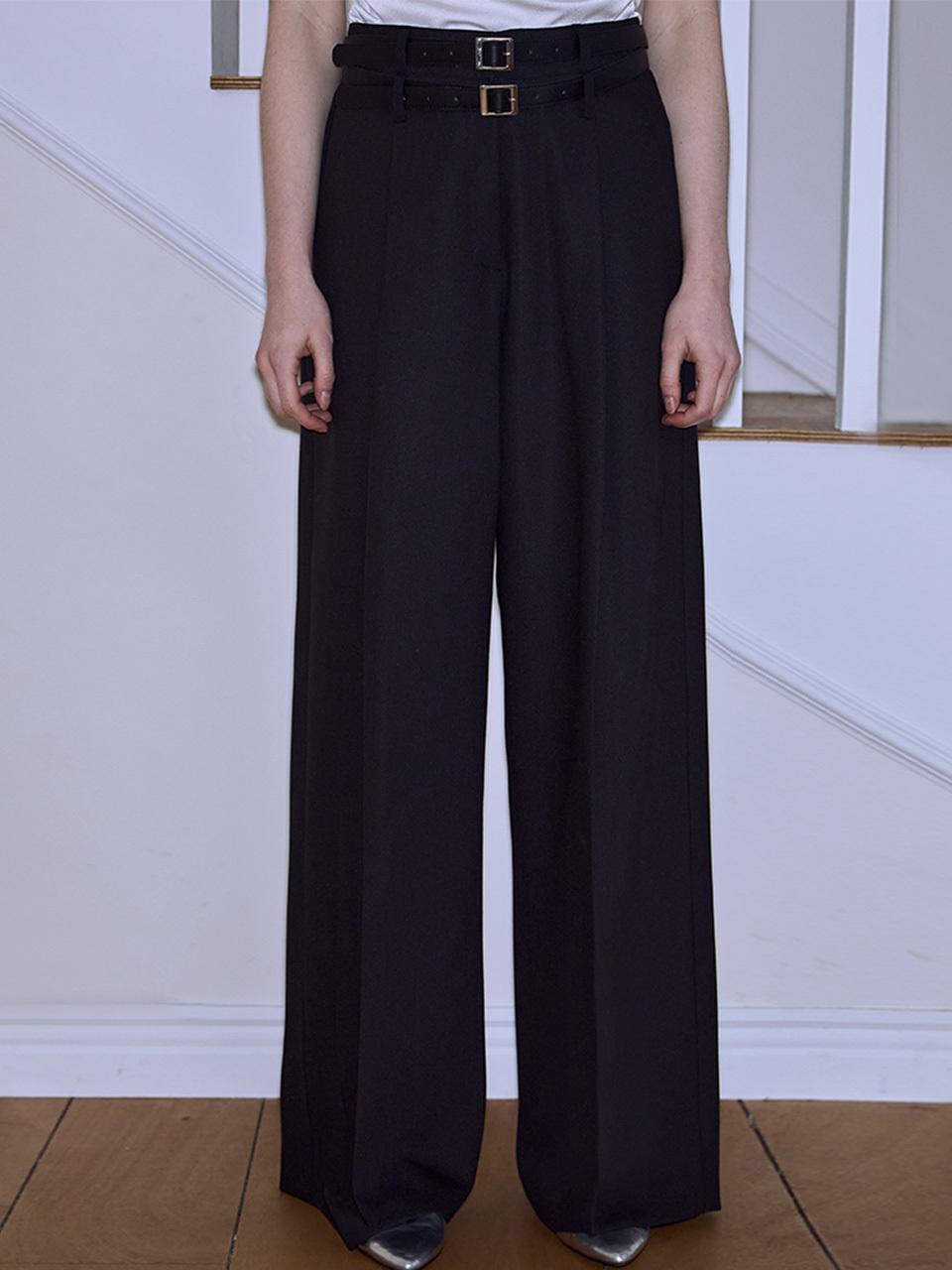 Rosefrantz Double Belt Wide Leg Tencel Slacks [Black]