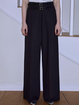 Rosefrantz Double Belt Wide Leg Tencel Slacks [Black]