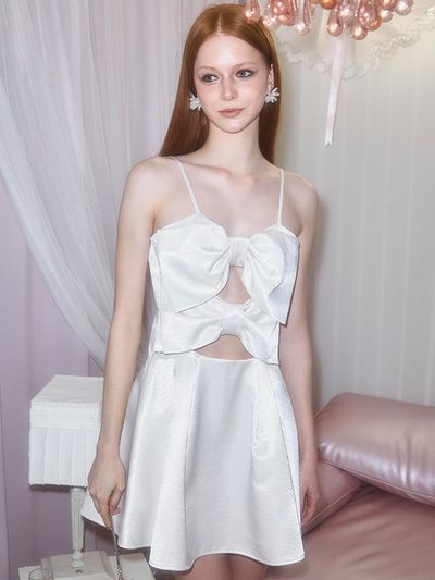 Rosefrantz Double Ribbon Polyester Mini Dress [Cream]
