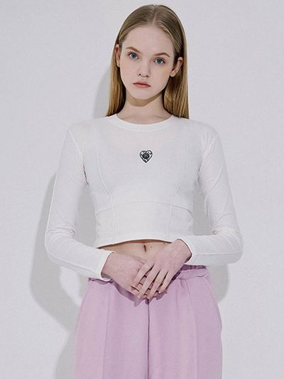Rosefrantz Heart Embroidery Pintuck Cotton T-shirt [beige]