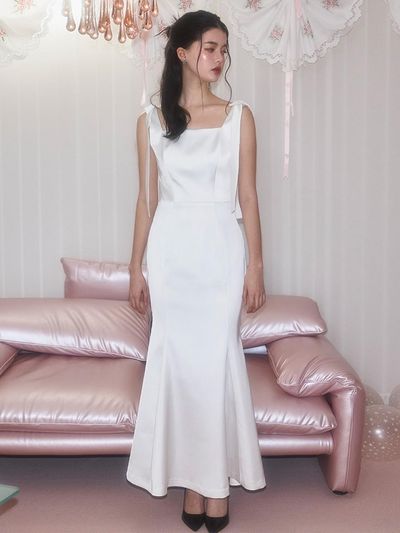 Rosefrantz Ribbon Mermaid Long Formal Dress [Cream]
