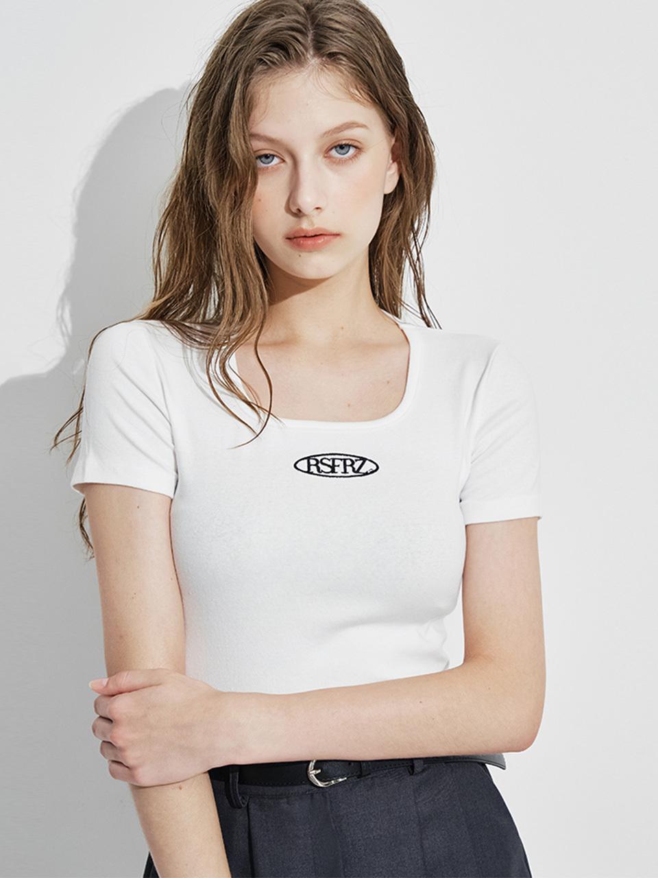 Rosefrantz Square Neck Cotton Simple Logo T-Shirt [Beige]