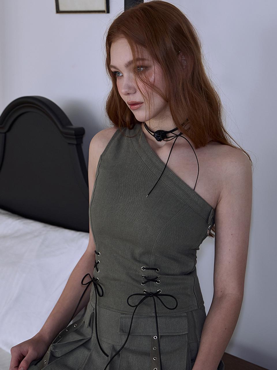 Rosefrantz Unbalance Eyelet Cotton Top [Khaki]
