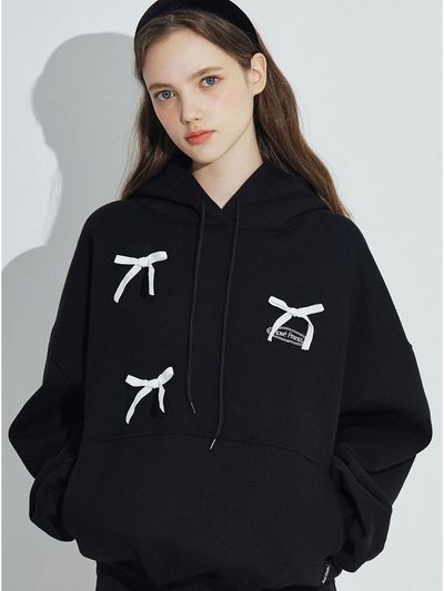 Rosefrantz Velvet Ribbon Polyester Cotton Hoodie [Black]