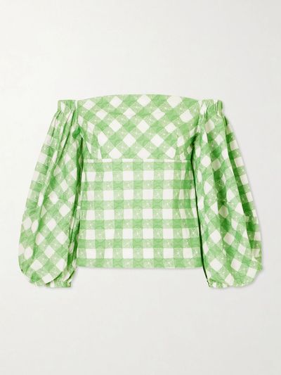 ROSIE ASSOULIN Empire Balloon off-the-shoulder checked cotton blouse