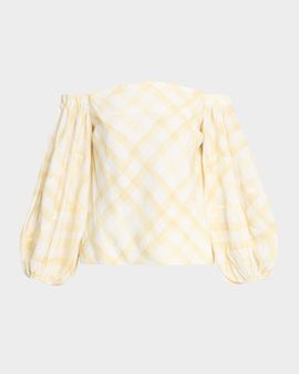 Rosie Assoulin Gingham-Print Balloon Sleeve Off-The-Shoulder Top