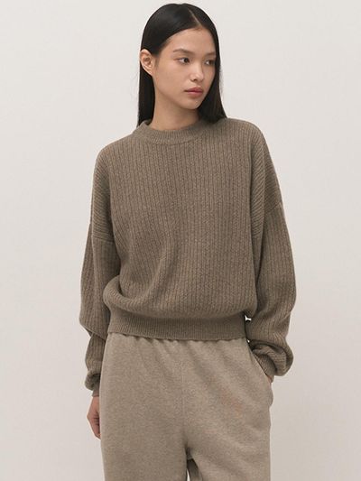 rough side White Label Classic Textured Relaxed Fit Crewneck Knit [Light Brown]