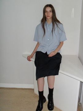 rough side White Label Seersucker Cropped Open Collar Shirt [White Blue]