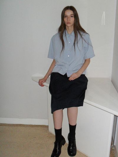 rough side White Label Seersucker Cropped Open Collar Shirt [White Blue]