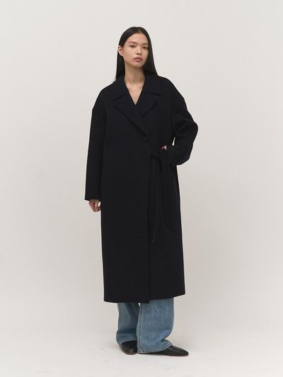 rough side White Label Side Belted Oversized Wool Coat [Navy]