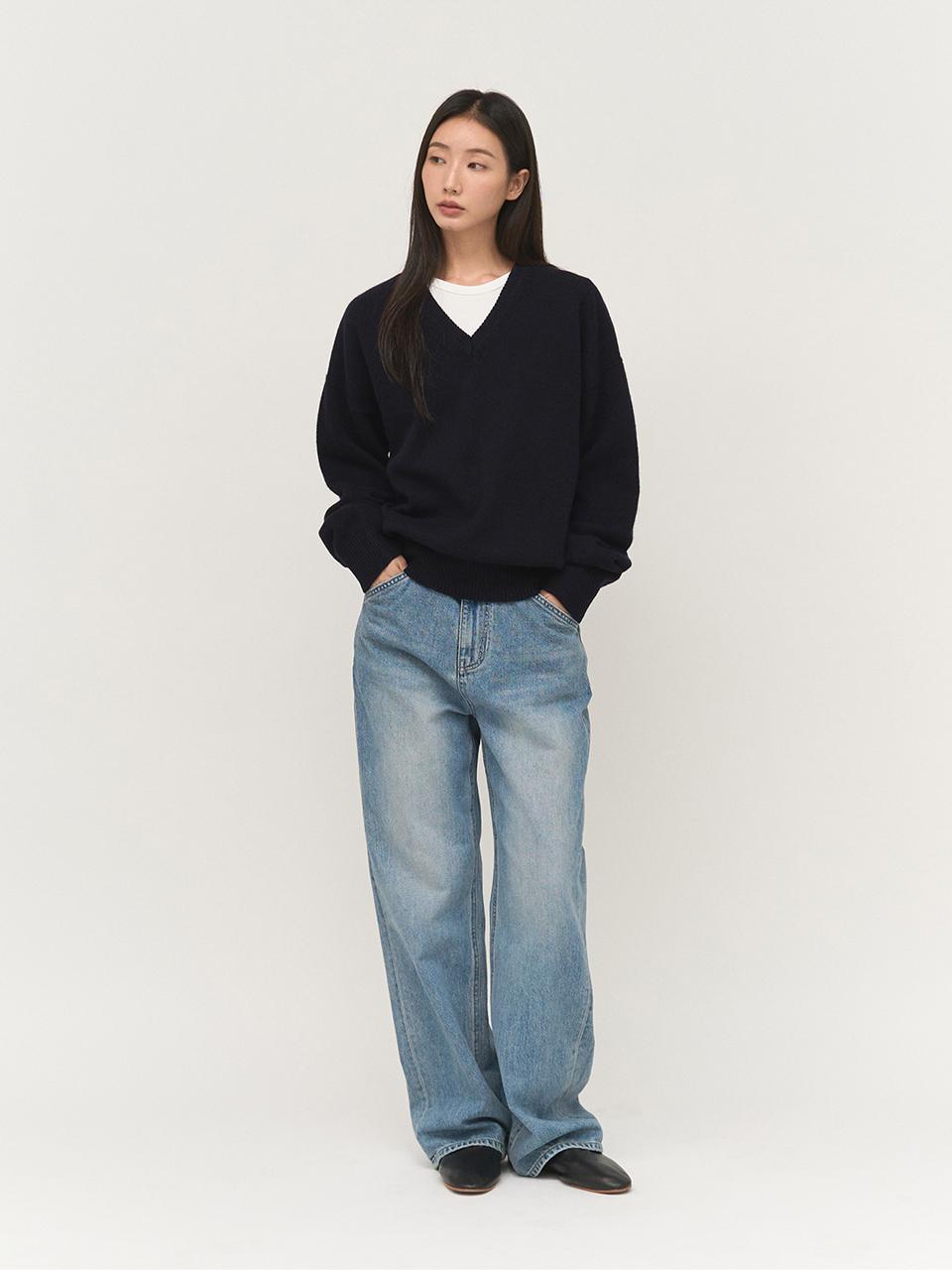 rough side White Label Whole Garment Tasmania Wool V Neck Knit [Navy]