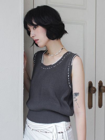 Rubati Linen Knit Vest Stitched by Hand_CHARCOAL