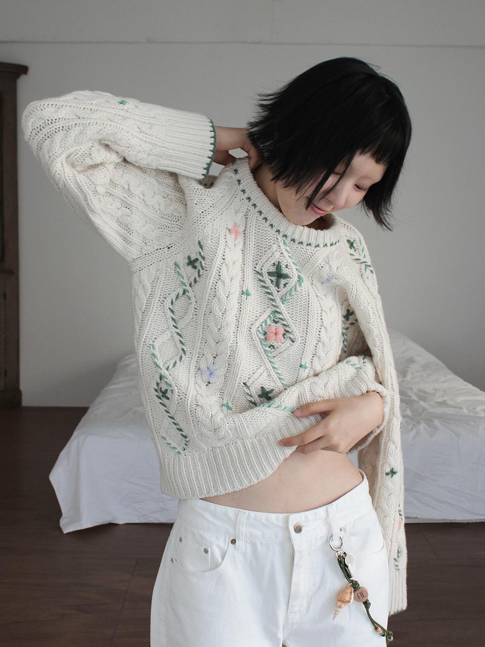 Rubati Vintage Cable Knit Flower Stitched by Hand