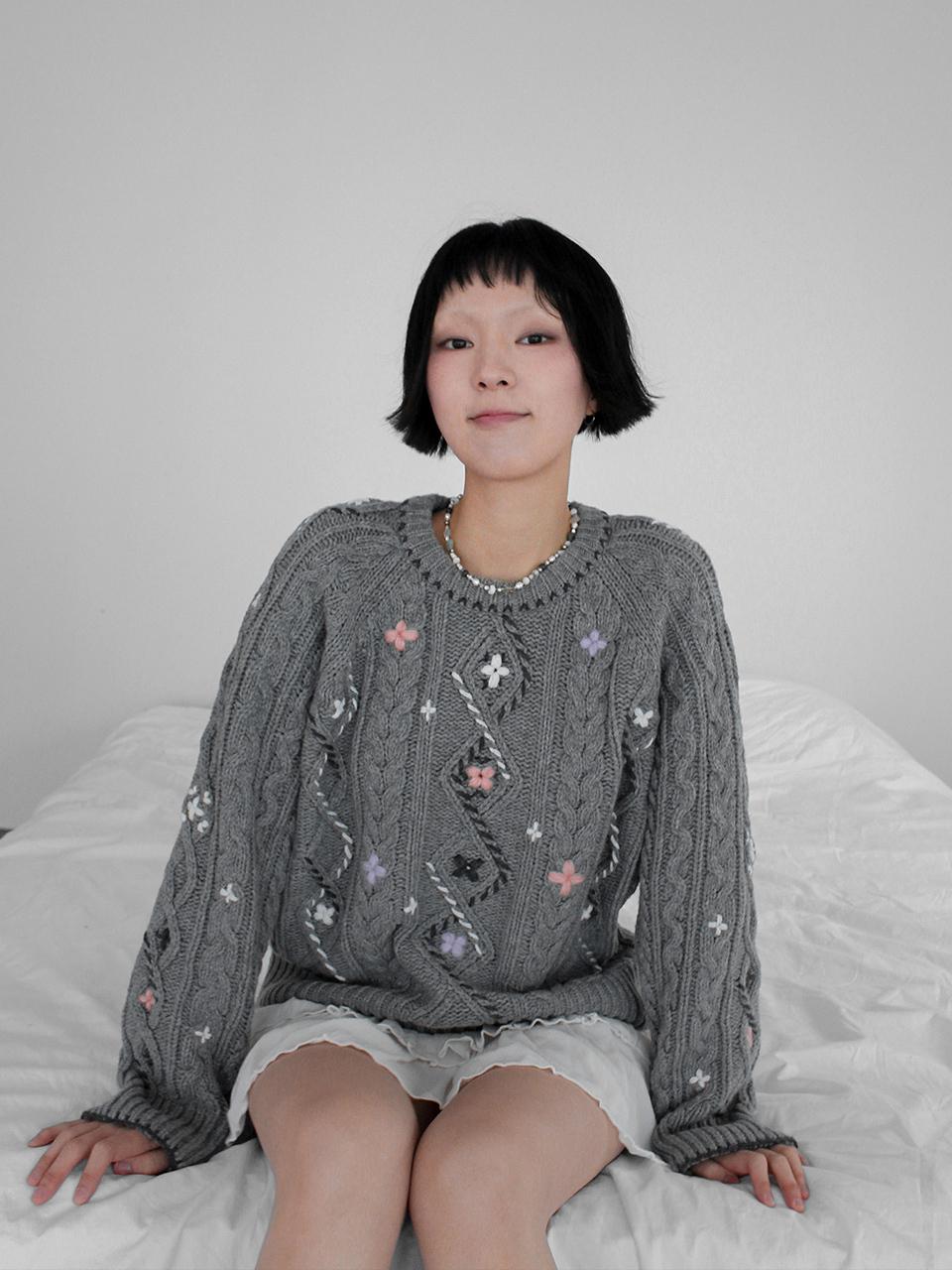 Rubati Vintage Cable Knit Flower Stitched by Hand_GREY