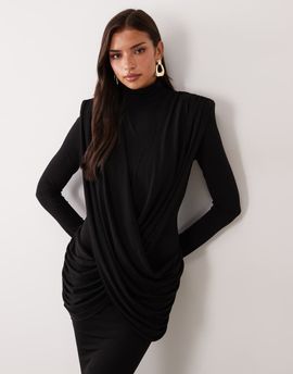Ruched & Ready Ruched & Ready On My Level sculpted high neck drape front maxi dress in black
