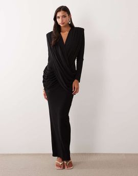 Ruched & Ready Ruched & Ready On My Level sculpted plunge neck drape front maxi dress in black