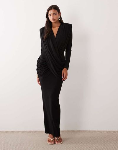 Ruched & Ready Ruched & Ready On My Level sculpted plunge neck drape front maxi dress in black