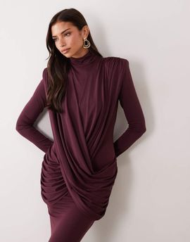 Ruched & Ready Ruched & Ready On My Level sculpted plunge neck drape front maxi dress in plum-RED