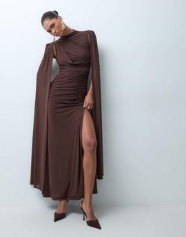 Ruched & Ready Ruched & Ready sculpted high neck drape hardware detail maxi dress in chocolate-Brown