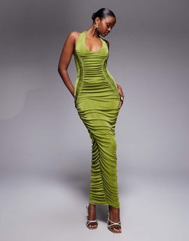 Ruched & Ready Ruched & Ready sculpting draped hips scoop neck maxi dress in khaki green