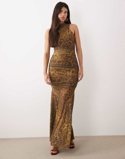 Ruched & Ready Ruched & Ready sculpting mesh high neck sleeveless drape fishtail hem maxi dress in blurred leopard print-Multi