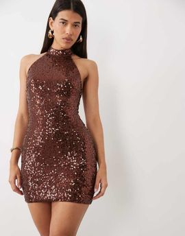 Ruched & Ready Ruched & Ready sequin high neck halterneck mini dress in chocolate-Brown