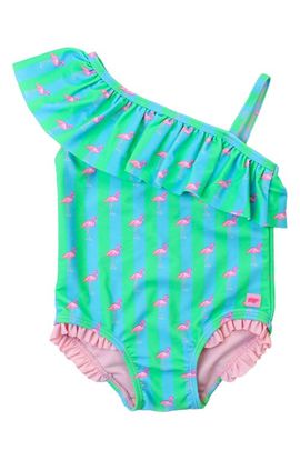 RuffleButts RuffleButts Kids' Neon Flamingo Stripe One-Shoulder One-Piece Swimsuit