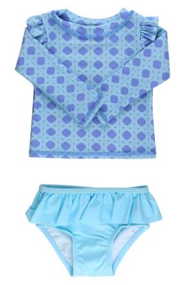 RuffleButts RuffleButts Kids' Periwinkle Ruffle Long Sleeve Two-Piece Rashguard Swimsuit