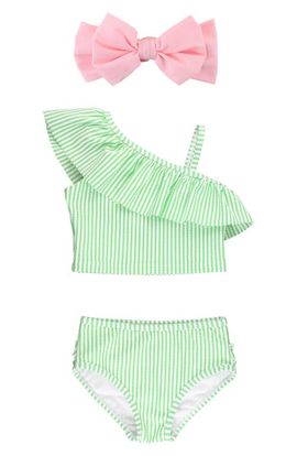 RuffleButts RuffleButts Kids' Seersucker Two-Piece Swimsuit & Headband Set
