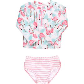RuffleButts RuffleButts Kids' Vibrant Flamingo Long Sleeve Two-Piece Rashguard Swimsuit