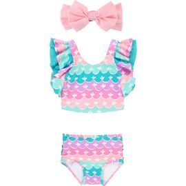 RuffleButts RuffleButts Mermaid Butterfly Tankini Two-Piece Swimsuit & Headband Set