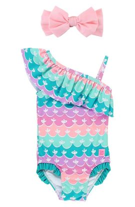 RuffleButts RuffleButts Mermaid One-Shoulder One-Piece Swimsuit & Headband Set