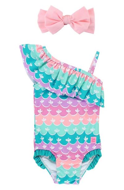 RuffleButts RuffleButts Mermaid One-Shoulder One-Piece Swimsuit & Headband Set