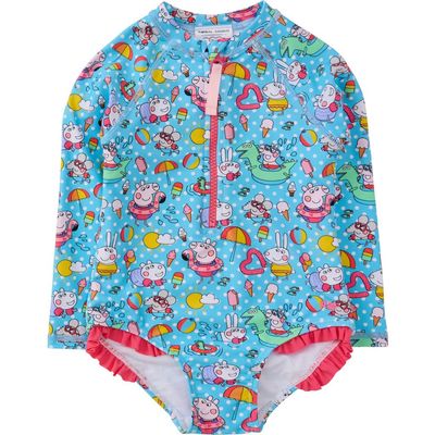 RuffleButts RuffleButts Peppa Pig & Friends Long Sleeve Zipper Rash Guard One Piece Swimsuit