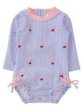 RuffleButts RuffleButts Peppa Pig Seersucker Long Sleeve One Piece Rash Guard Swimsuit, With Signature Rear Ruffles (baby, Toddler)