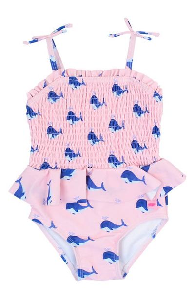 RuffleButts RuffleButts Pink Whales Smocked One-Piece Swimsuit 