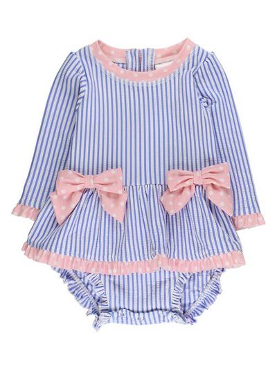 RuffleButts RuffleButts UPF50+ Seersucker Long Sleeve One Piece Bow Peplum Rash Guard Swimsuit