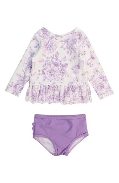 RuffleButts RuffleButts WIsteria Butterfly Garden Long Sleeve Two-Piece Rashguard Swimsuit