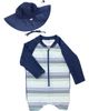 RuggedButts RuggedButts Coastal Stripe One-Piece Rashguard Swimsuit & Hat Set  - 1