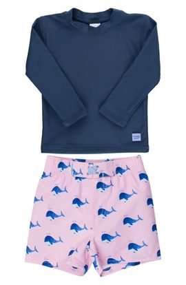 RuggedButts RuggedButts Short Sleeve Rashguard & Whale Print Swim Trunks Set