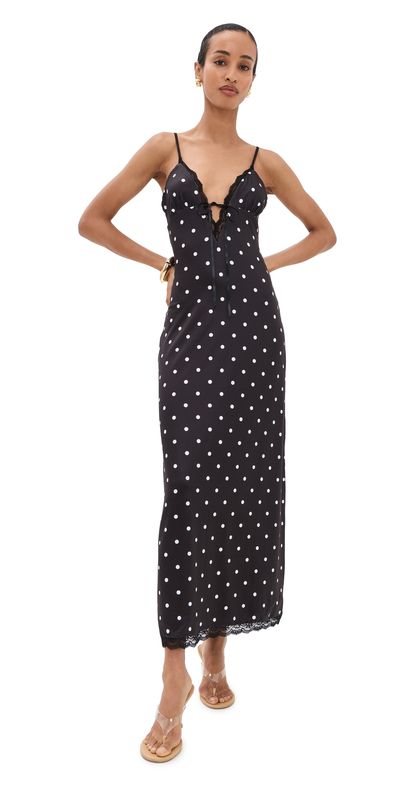 Runaway the Label Runaway the Label Emily Lace Trim Camisole Midi Dress Black/White Polka