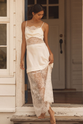 knee length dresses for ladies Cream Satin Lace Trim Maxi Dress