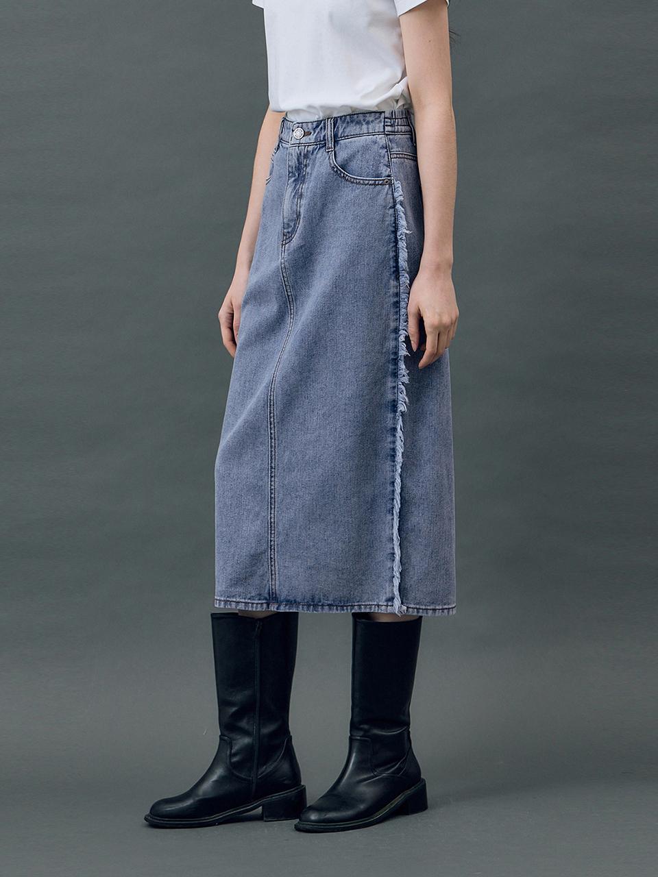 RYUL + WAI: DENIM FRINGE H LINE SKIRT (R5) [BLUE]