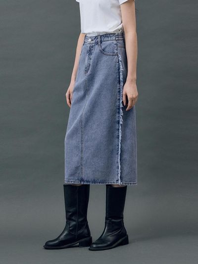 RYUL + WAI: DENIM FRINGE H LINE SKIRT (R5) [BLUE]