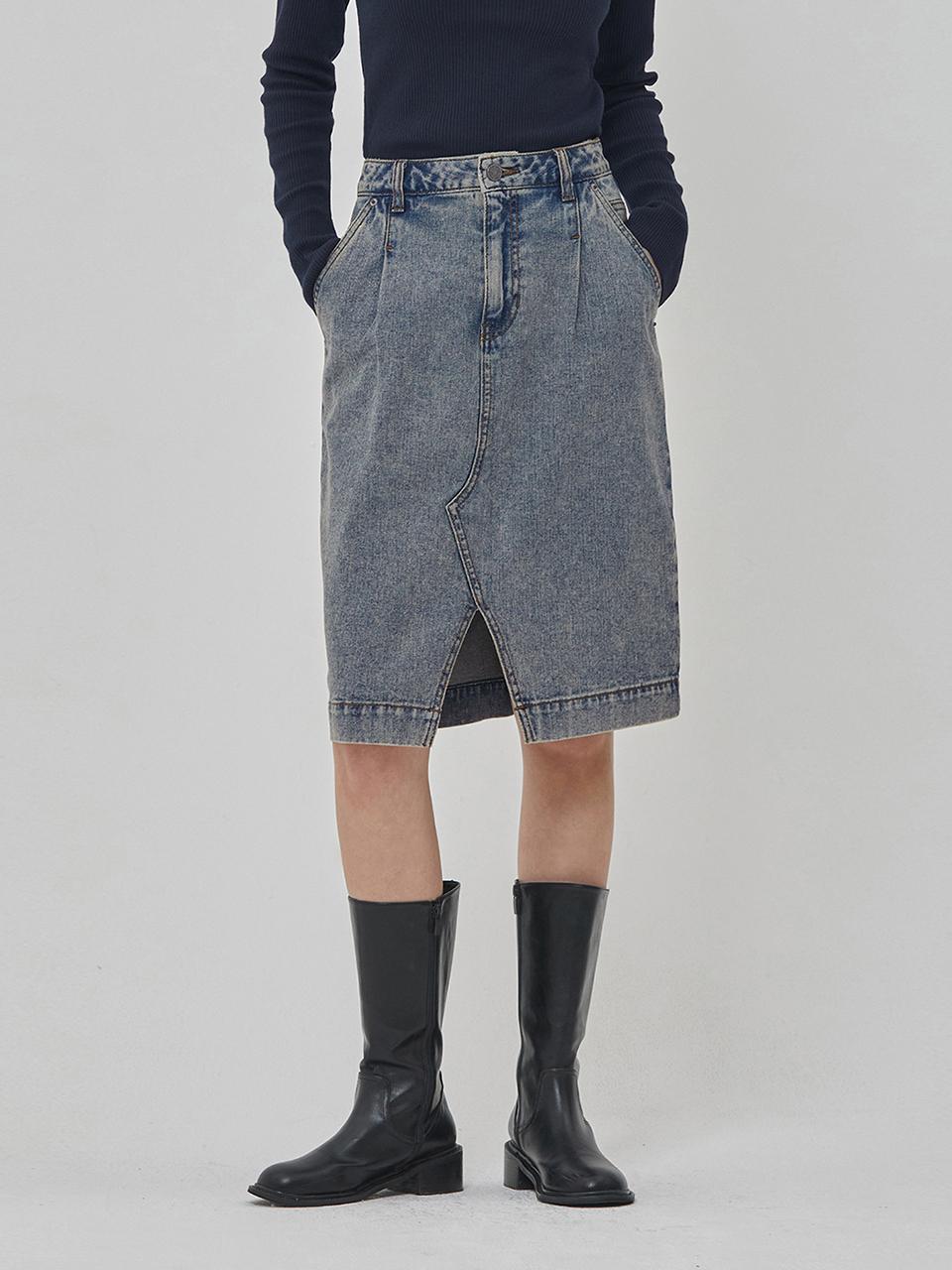 RYUL + WAI: DENIM TUCK VINTAGE MIDI SKIRT INDIGO